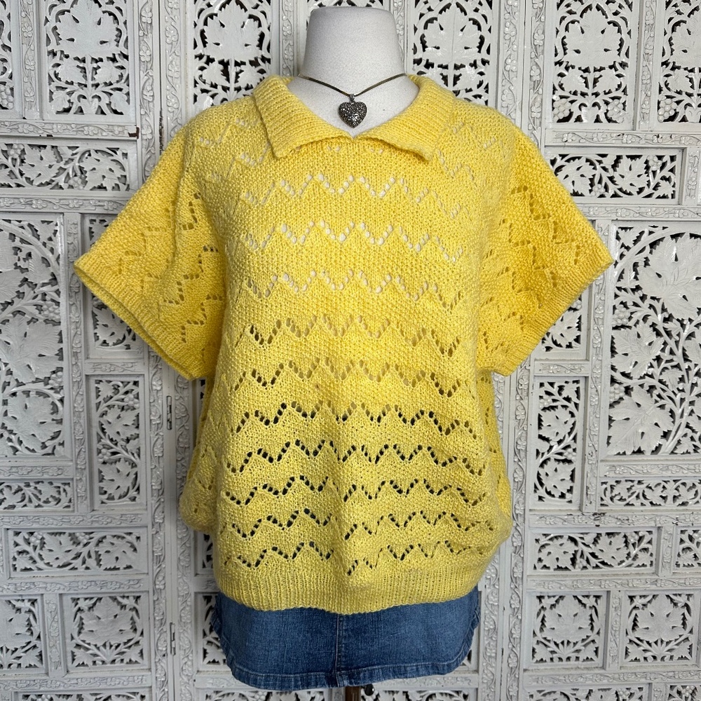 Handmade Open Knit Yellow Collared Oversized Baggy Short Sleeve Collared Sweater